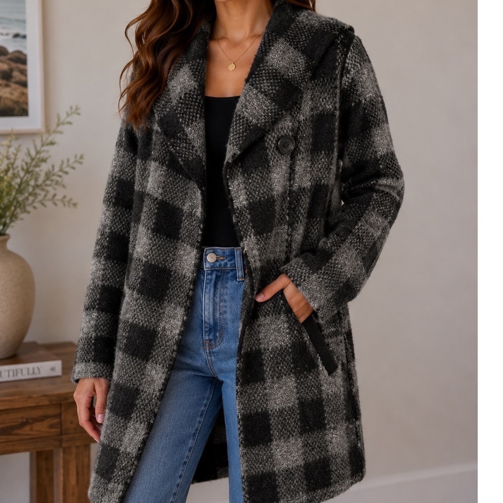 Ellen Tracy Women's M Buffalo Plaid Sweater Coat Gray Black Wool Blend Hooded